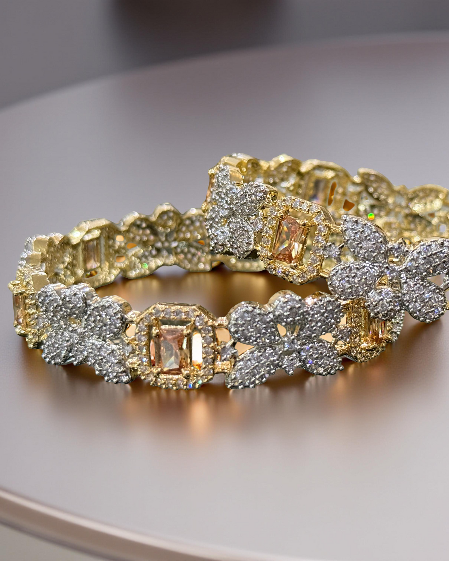 Elegant Gold-Plated Floral Bangle with Champagne and White Stones – Pair
