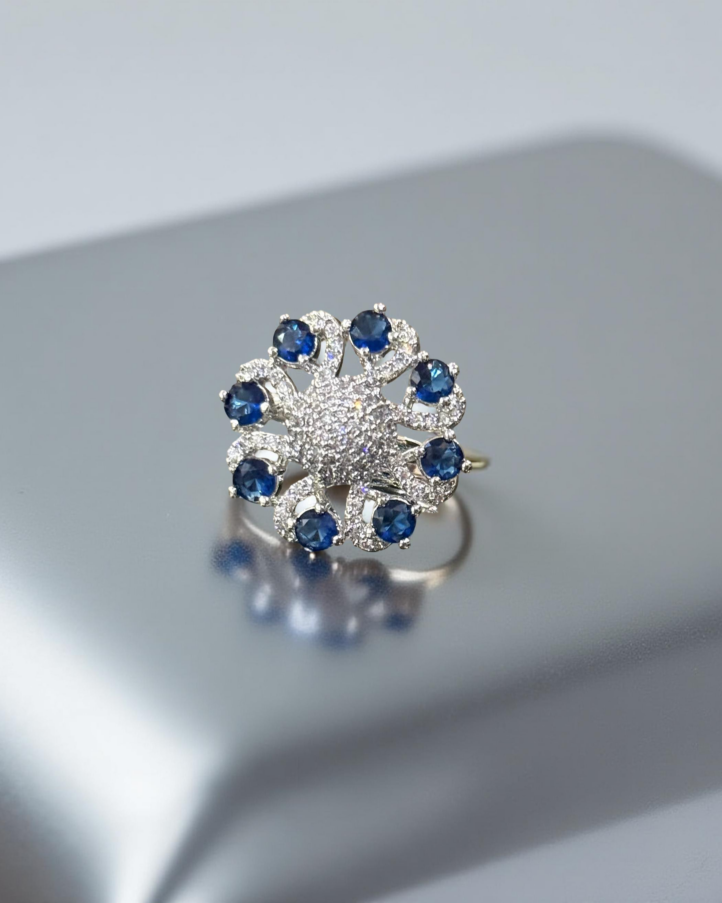 Adjustable Blue Stone Floral Statement Ring