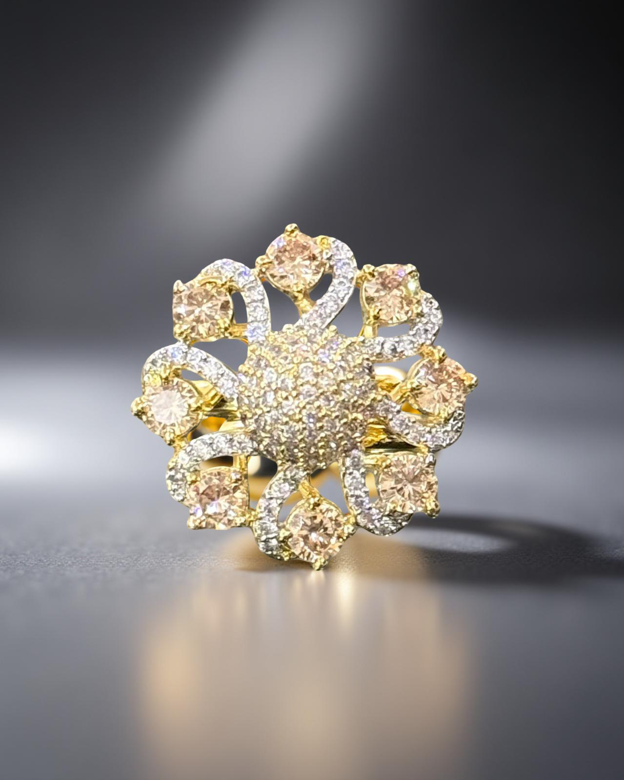 Adjustable Floral Radiance Ring with Champagne Stones