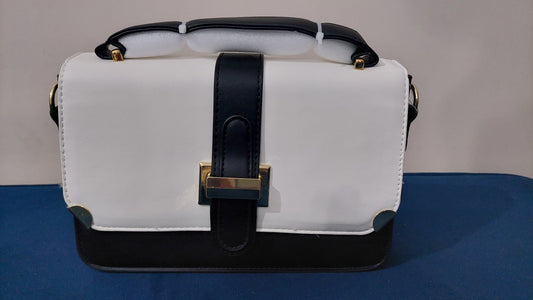 Monochrome Contrast Flap Handbag – Black & White with Gold Accents + Patterned Strap