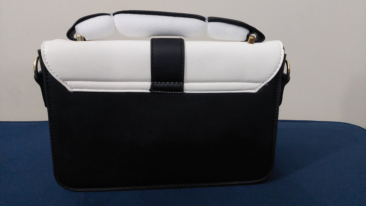 Monochrome Contrast Flap Handbag – Black & White with Gold Accents + Patterned Strap