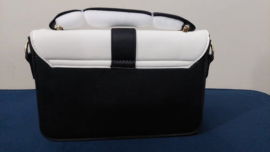 Monochrome Contrast Flap Handbag – Black & White with Gold Accents + Patterned Strap