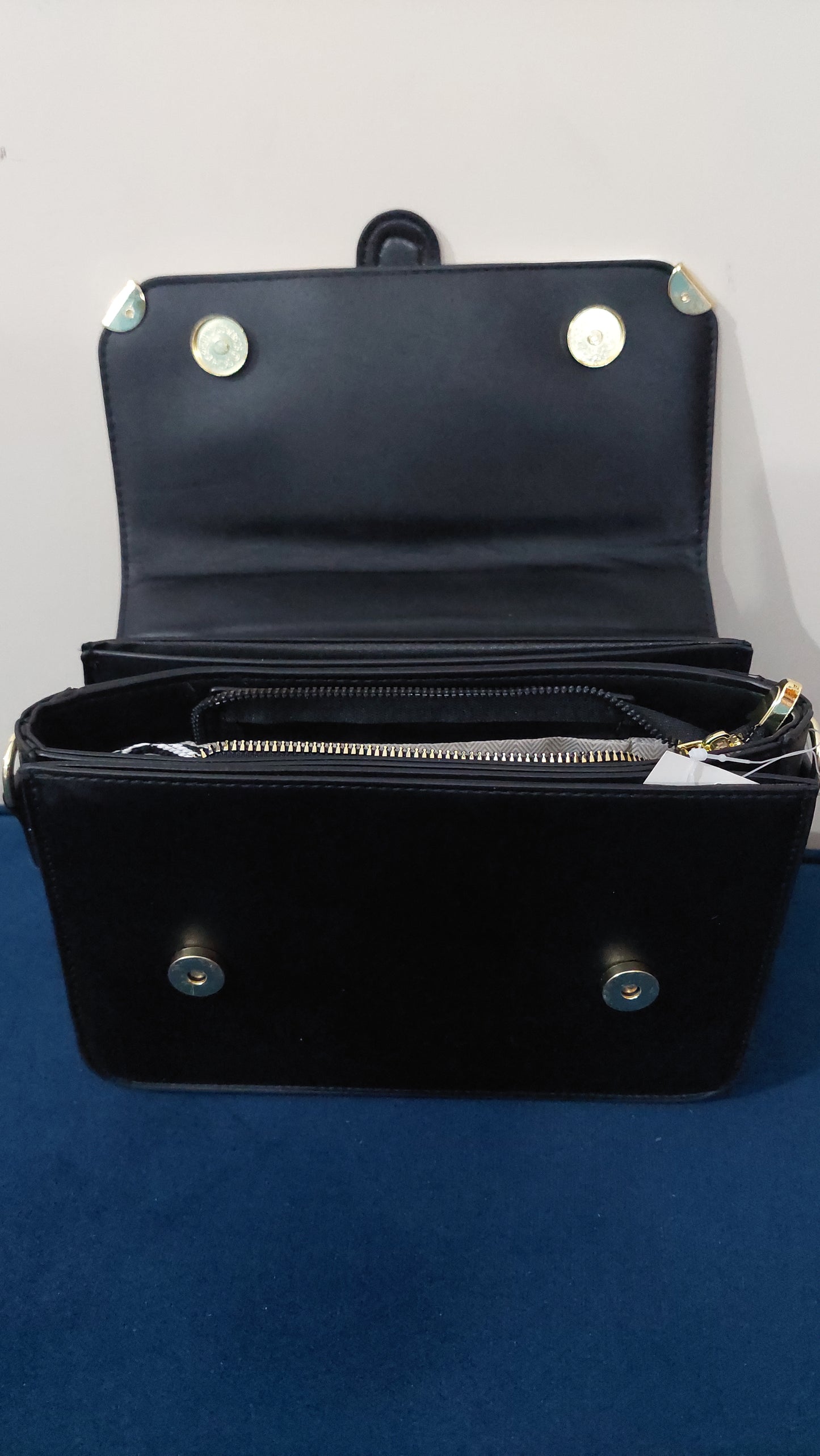 Monochrome Contrast Flap Handbag – Black & White with Gold Accents + Patterned Strap