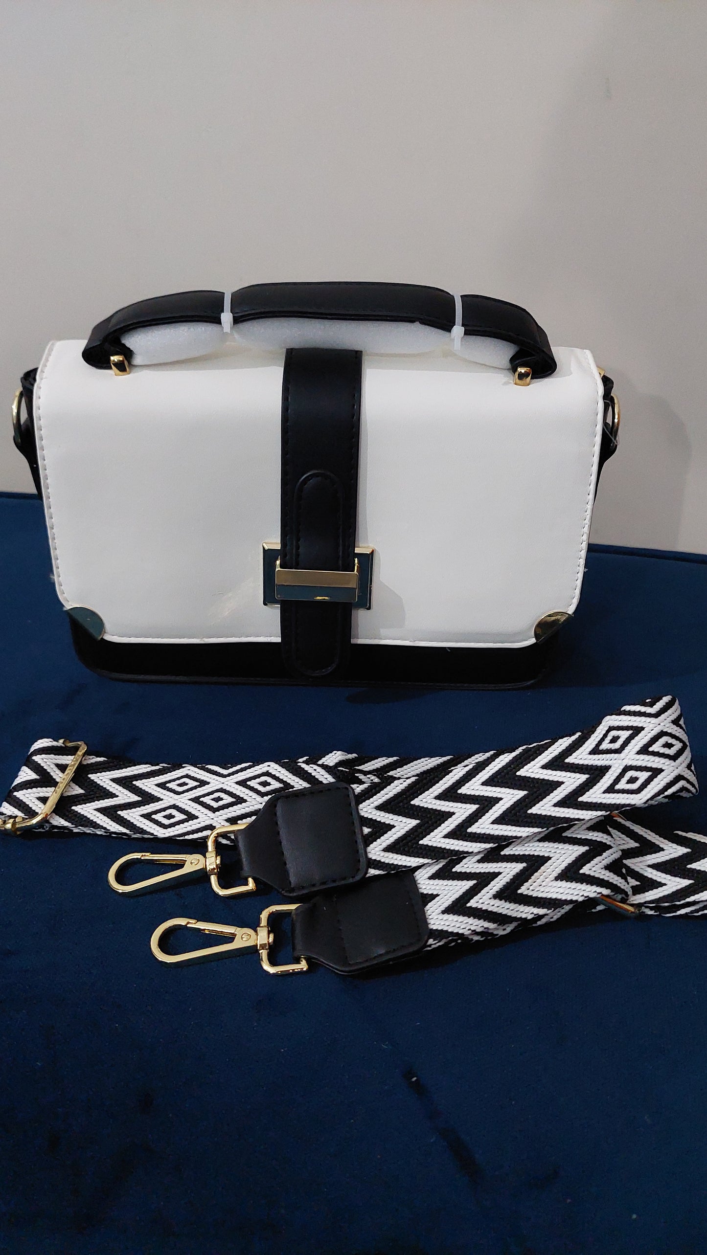 Monochrome Contrast Flap Handbag – Black & White with Gold Accents + Patterned Strap