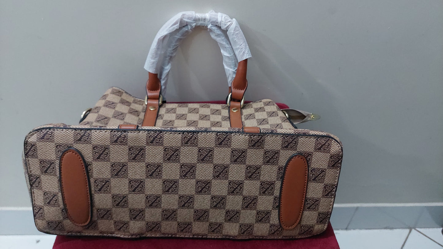 Signature Checkered Print Tote Handbag – Beige & Brown with Leather Accents