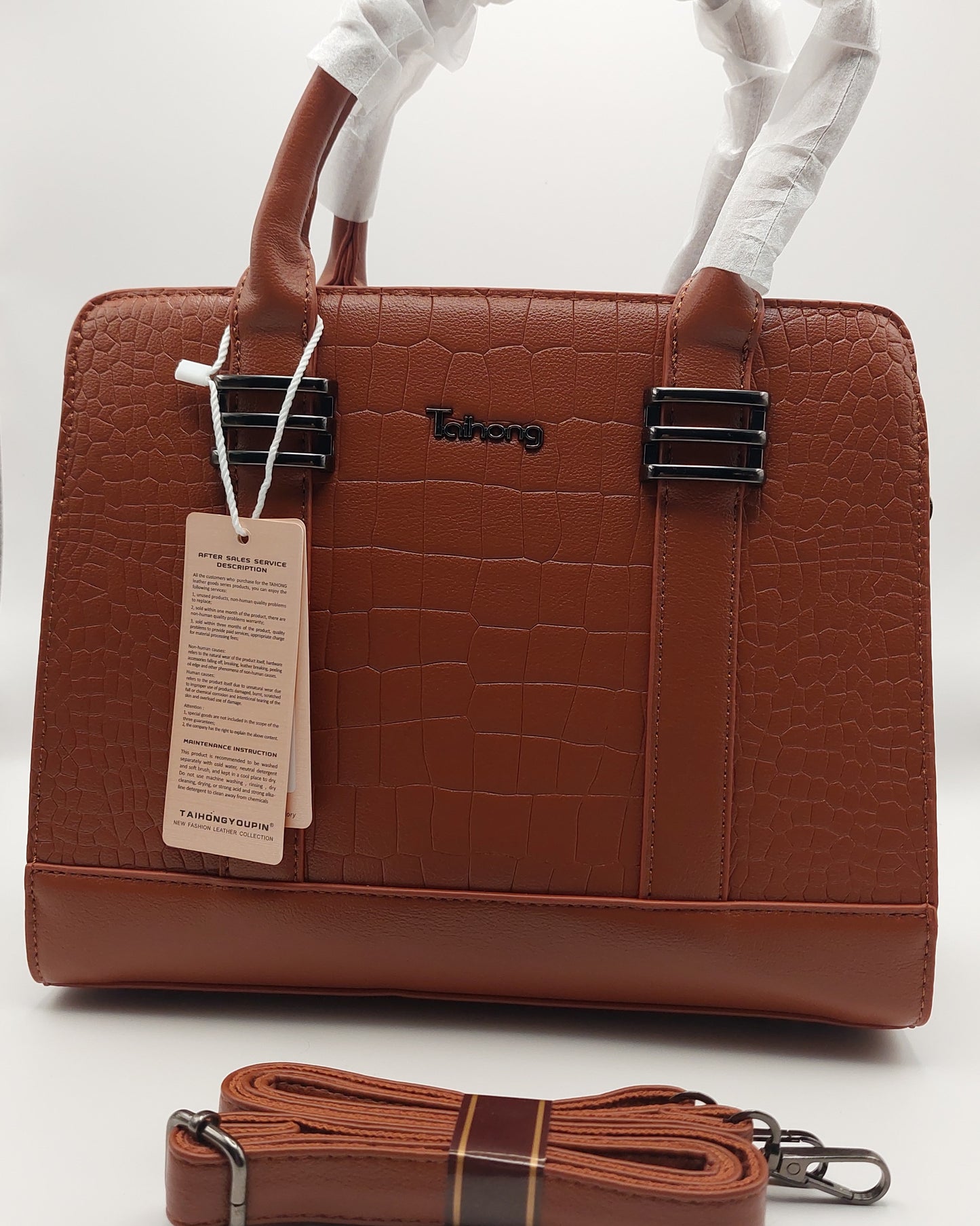 Elegant Crocodile-Pattern Leather Handbag – Brown