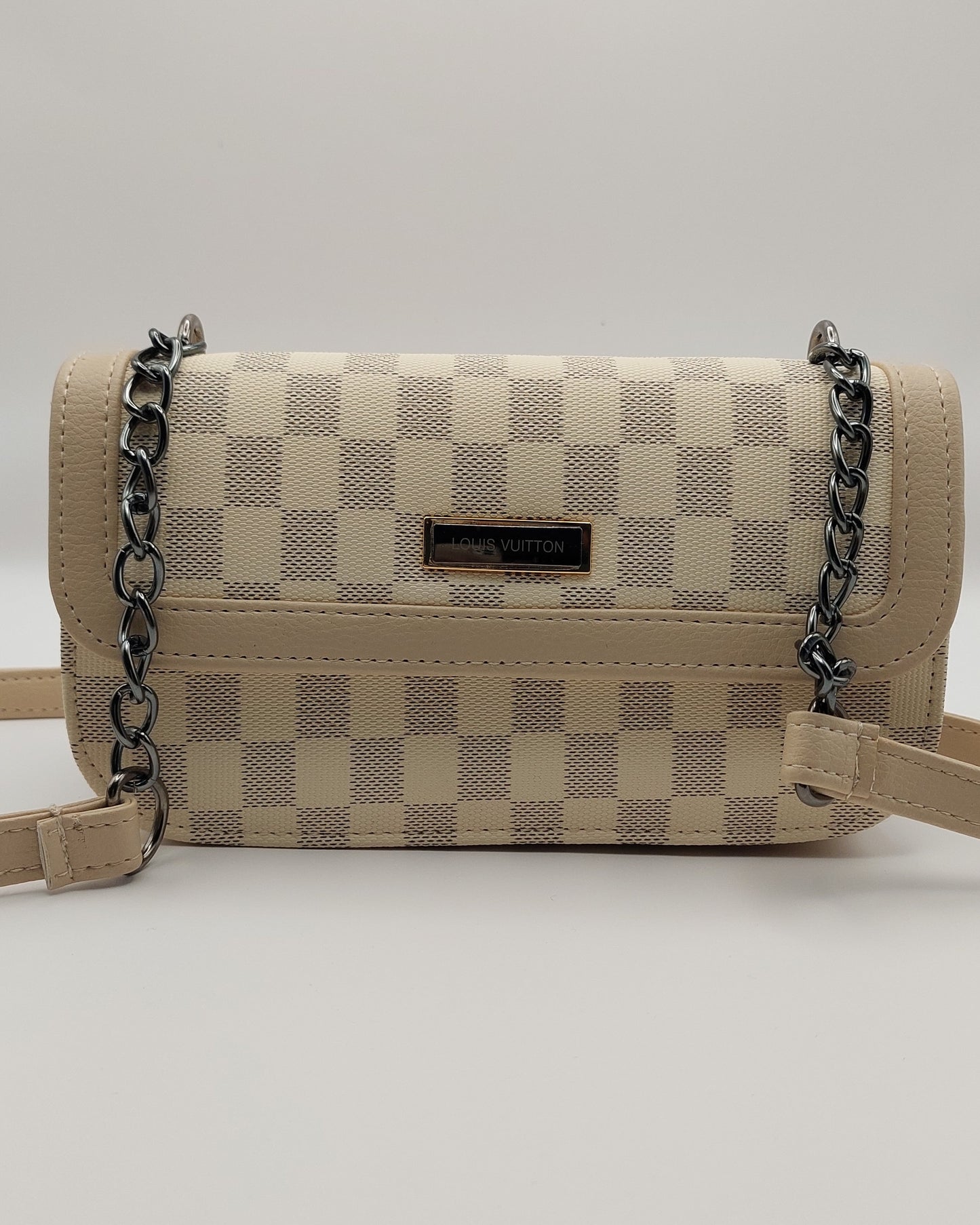 Stylish Beige Checkered Crossbody Bag with Chain Strap