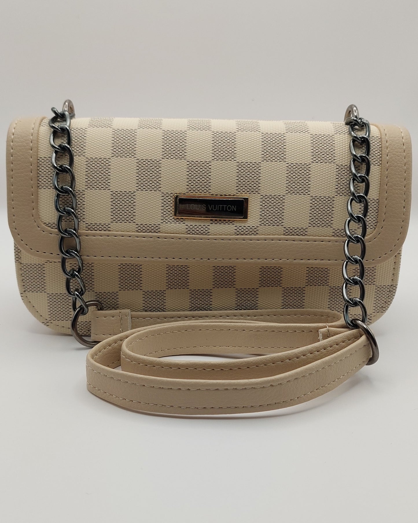 Stylish Beige Checkered Crossbody Bag with Chain Strap