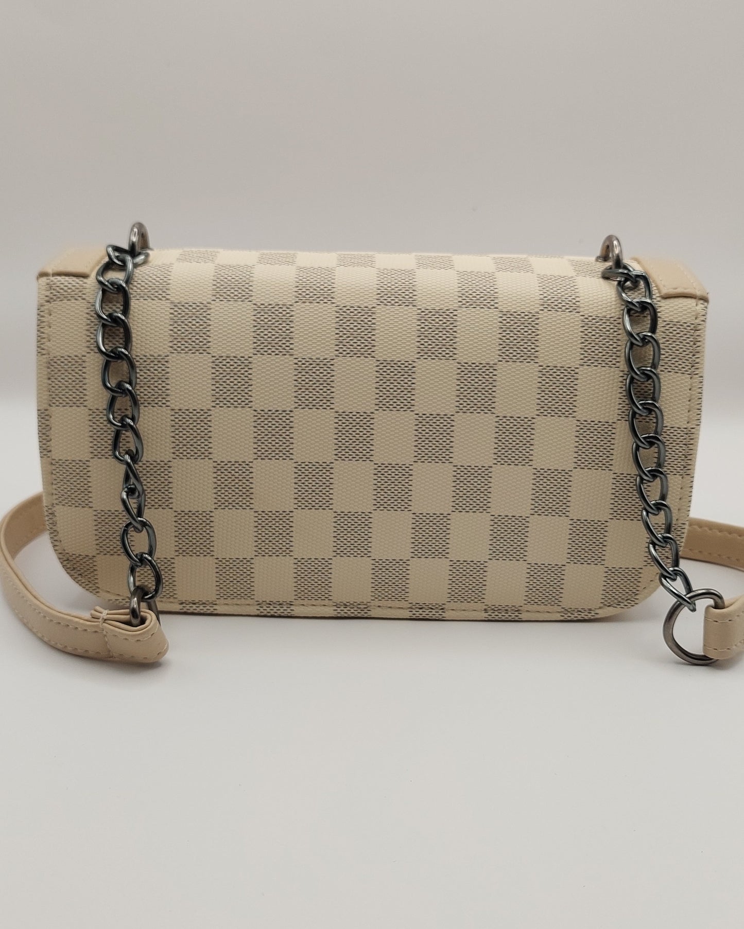 Stylish Beige Checkered Crossbody Bag with Chain Strap