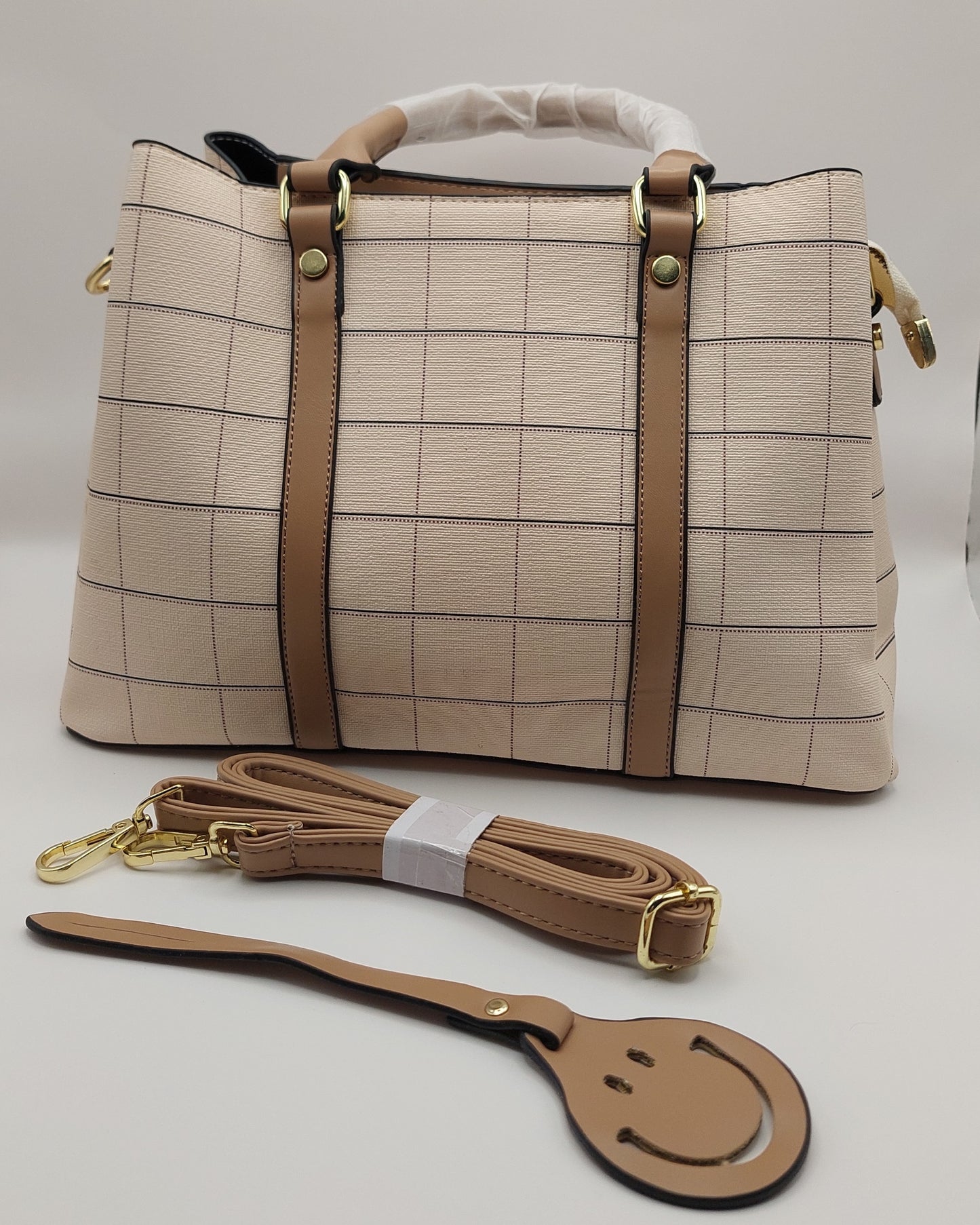 Minimalist Cream Checkered Tote Handbag – Grid Pattern with Tan Handles & Strap