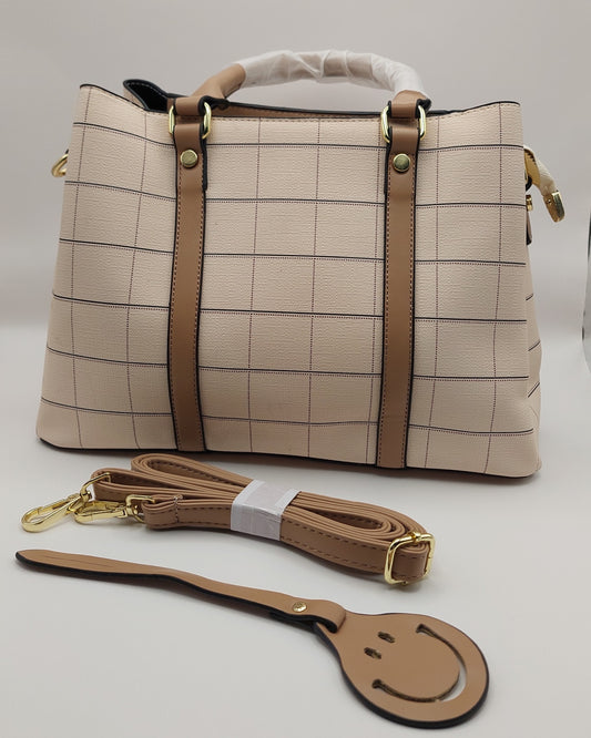 Minimalist Cream Checkered Tote Handbag – Grid Pattern with Tan Handles & Strap