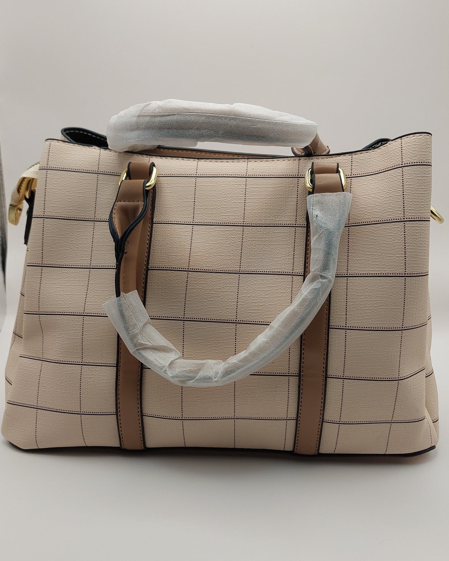 Minimalist Cream Checkered Tote Handbag – Grid Pattern with Tan Handles & Strap