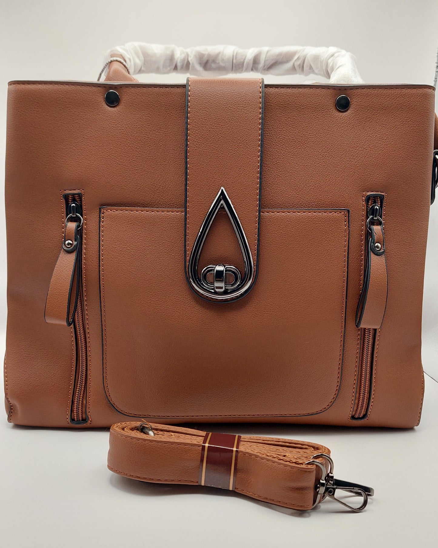 Structured Tan Tote Handbag with Dual Zippers & Teardrop Turn-Lock Front Flap
