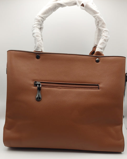 Structured Tan Tote Handbag with Dual Zippers & Teardrop Turn-Lock Front Flap