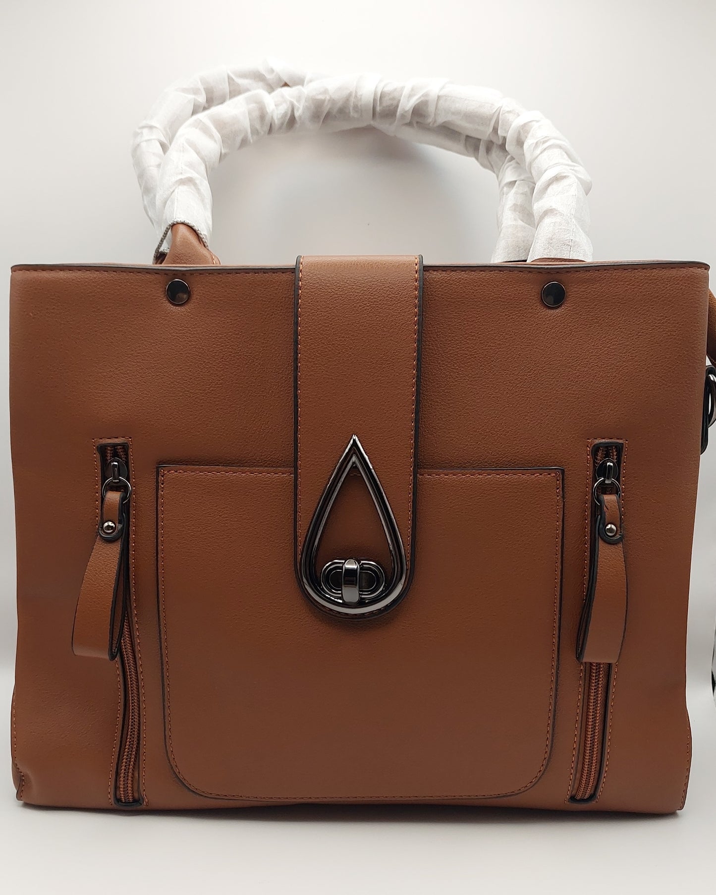 Structured Tan Tote Handbag with Dual Zippers & Teardrop Turn-Lock Front Flap