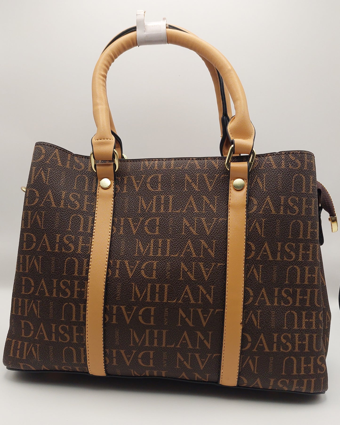DAISHU MILAN Signature Print Tote Handbag – Coffee Brown with Tan Handles