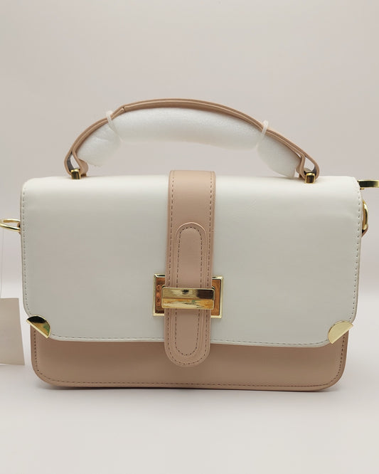 Two-Tone Top Handle Shoulder Bag with Wide Strap – White & Blush Beige
