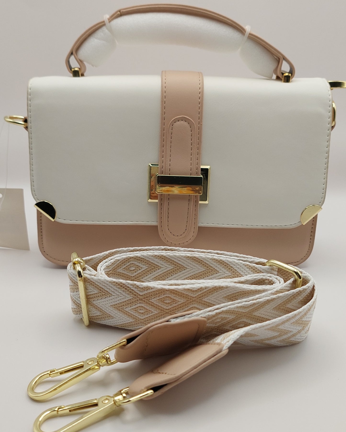Two-Tone Top Handle Shoulder Bag with Wide Strap – White & Blush Beige