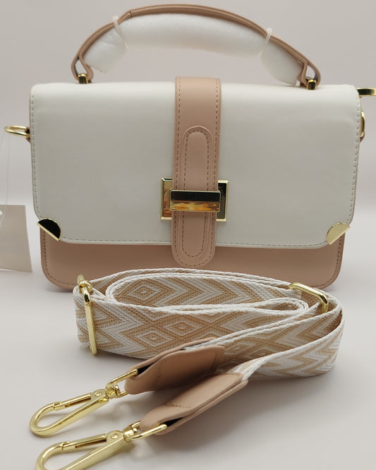Two-Tone Top Handle Shoulder Bag with Wide Strap – White & Blush Beige