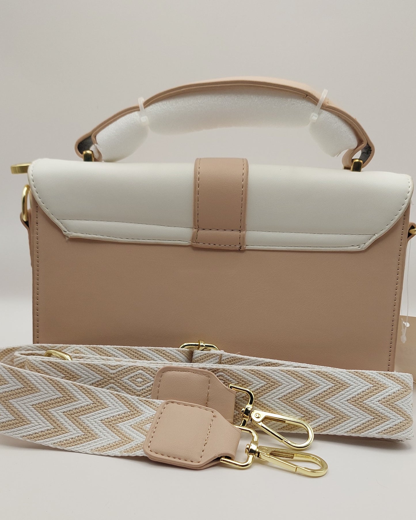 Two-Tone Top Handle Shoulder Bag with Wide Strap – White & Blush Beige