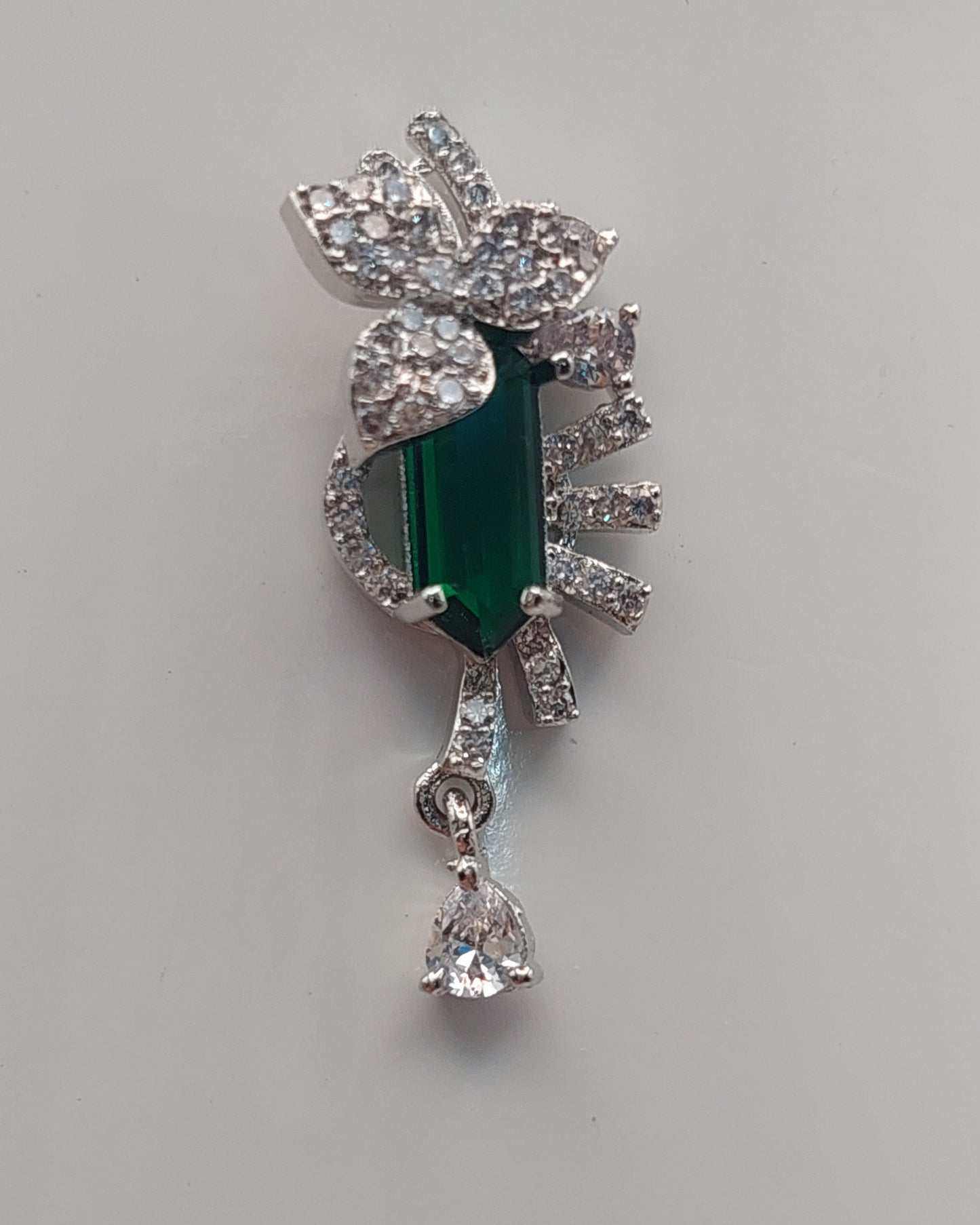 Elegant Green Stone & White Crystal Drop Earrings – Silver Finish