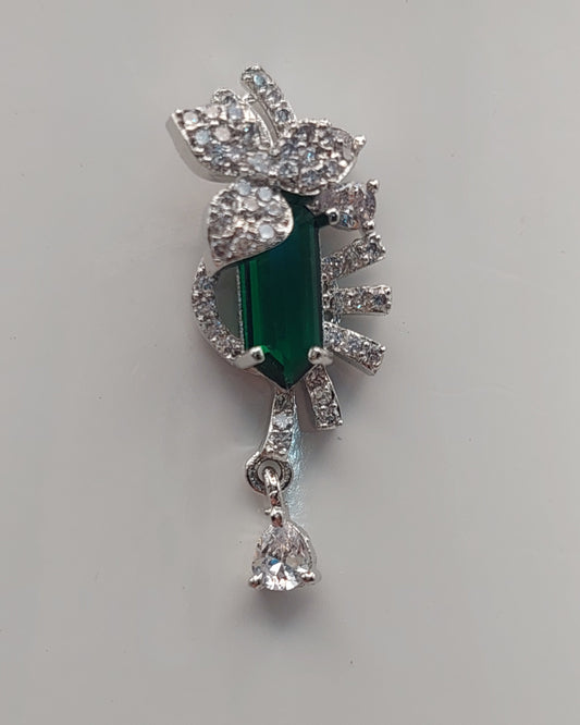 Elegant Green Stone & White Crystal Drop Earrings – Silver Finish