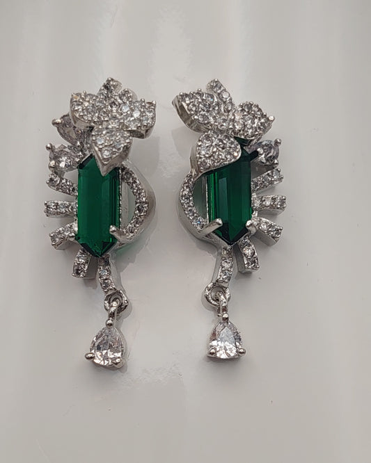 Elegant Green Stone & White Crystal Drop Earrings – Silver Finish