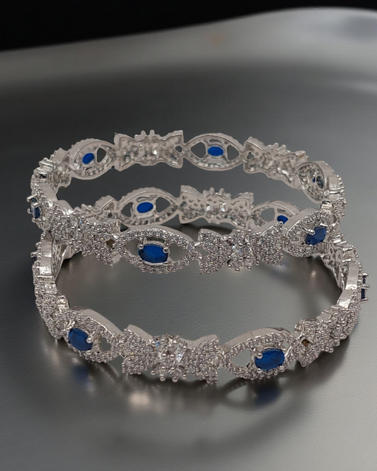 Silver-Plated Blue Stone & White Crystal Bangles (Set of 2)