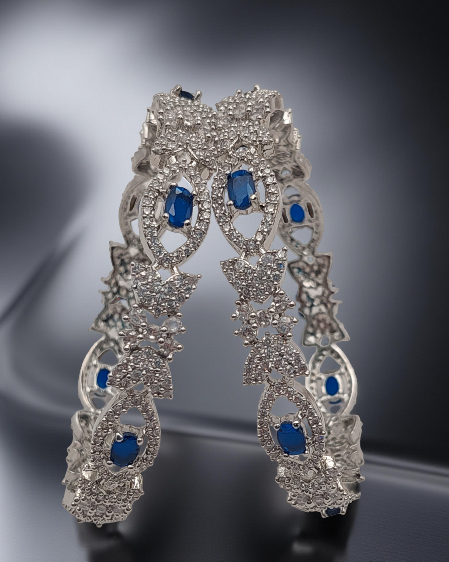 Silver-Plated Blue Stone & White Crystal Bangles (Set of 2)