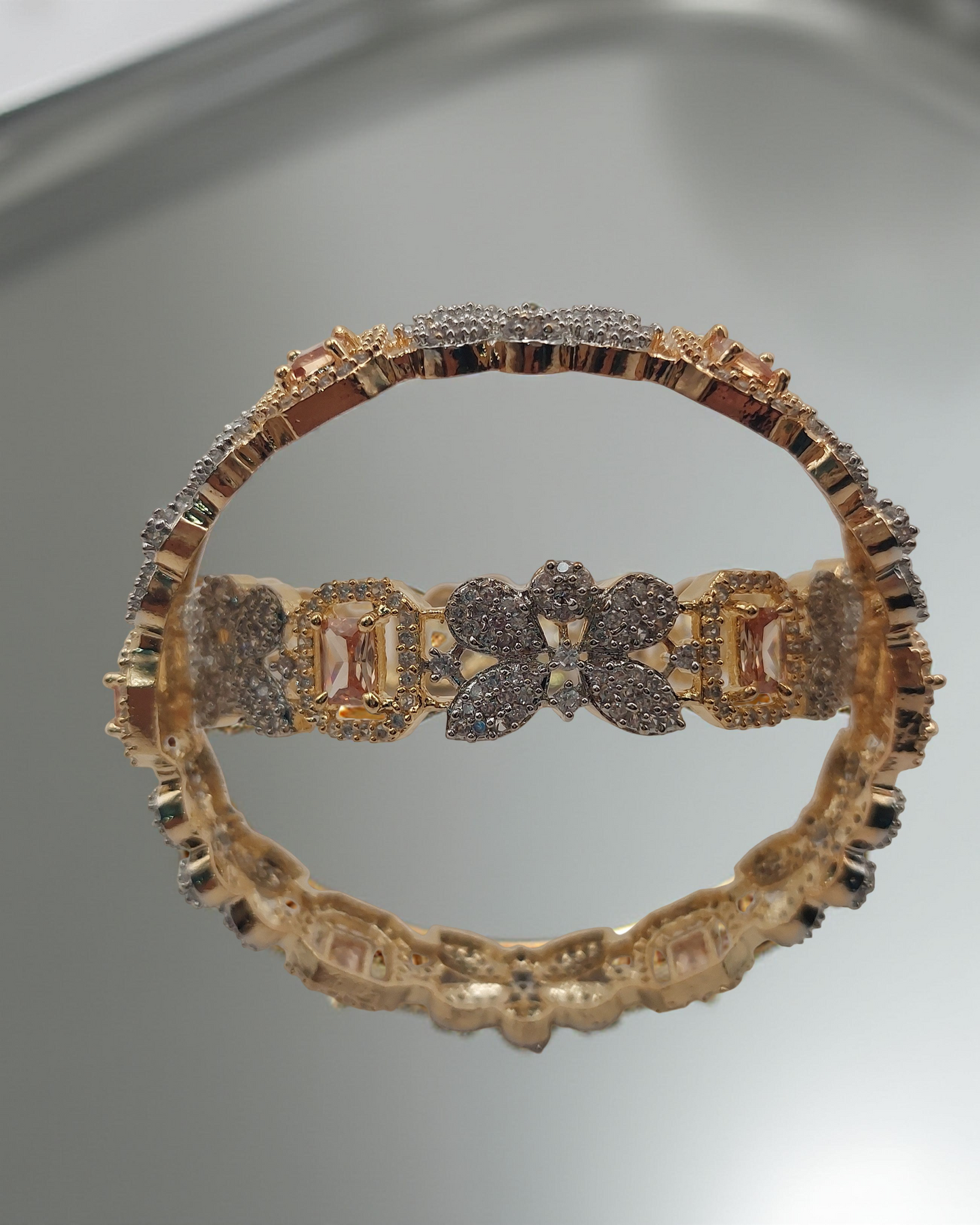 Elegant Gold-Plated Floral Bangle with Champagne and White Stones – Pair