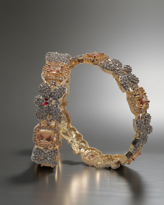 Elegant Gold-Plated Floral Bangle with Champagne and White Stones – Pair