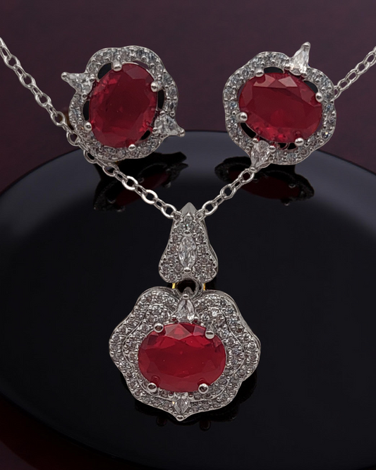 Elegant Ruby Red Stone Necklace & Earring Set – Silver Finish