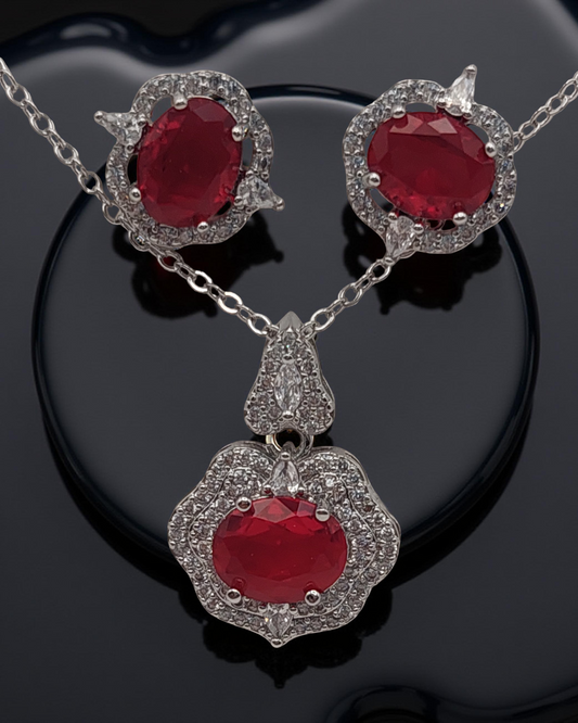 Elegant Ruby Red Stone Necklace & Earring Set – Silver Finish