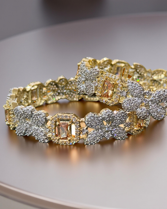Elegant Gold-Plated Floral Bangle with Champagne and White Stones – Pair