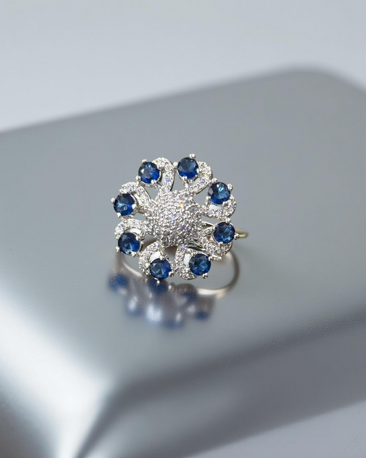 Adjustable Blue Stone Floral Statement Ring
