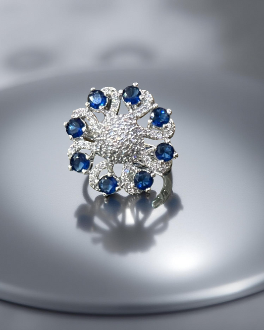 Adjustable Blue Stone Floral Statement Ring
