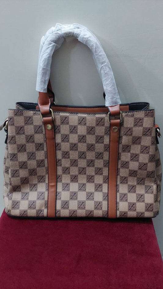 Signature Checkered Print Tote Handbag – Beige & Brown with Leather Accents