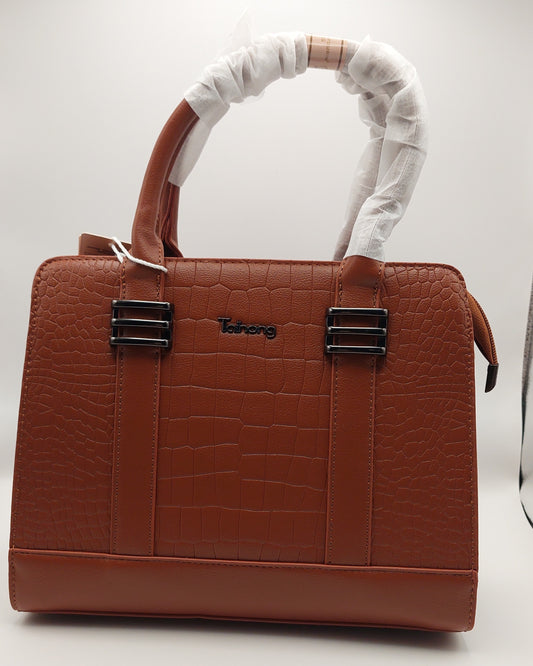 Elegant Crocodile-Pattern Leather Handbag – Brown