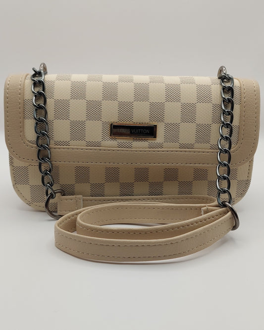 Stylish Beige Checkered Crossbody Bag with Chain Strap