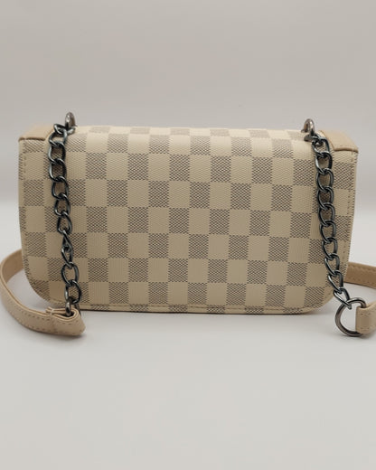 Stylish Beige Checkered Crossbody Bag with Chain Strap