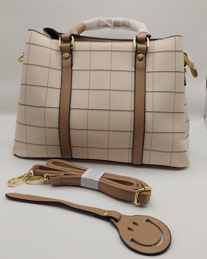 Minimalist Cream Checkered Tote Handbag – Grid Pattern with Tan Handles & Strap