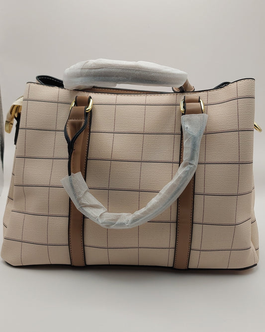 Minimalist Cream Checkered Tote Handbag – Grid Pattern with Tan Handles & Strap