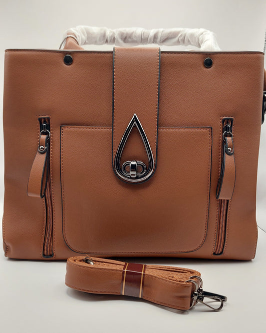 Structured Tan Tote Handbag with Dual Zippers & Teardrop Turn-Lock Front Flap