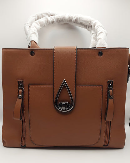 Structured Tan Tote Handbag with Dual Zippers & Teardrop Turn-Lock Front Flap
