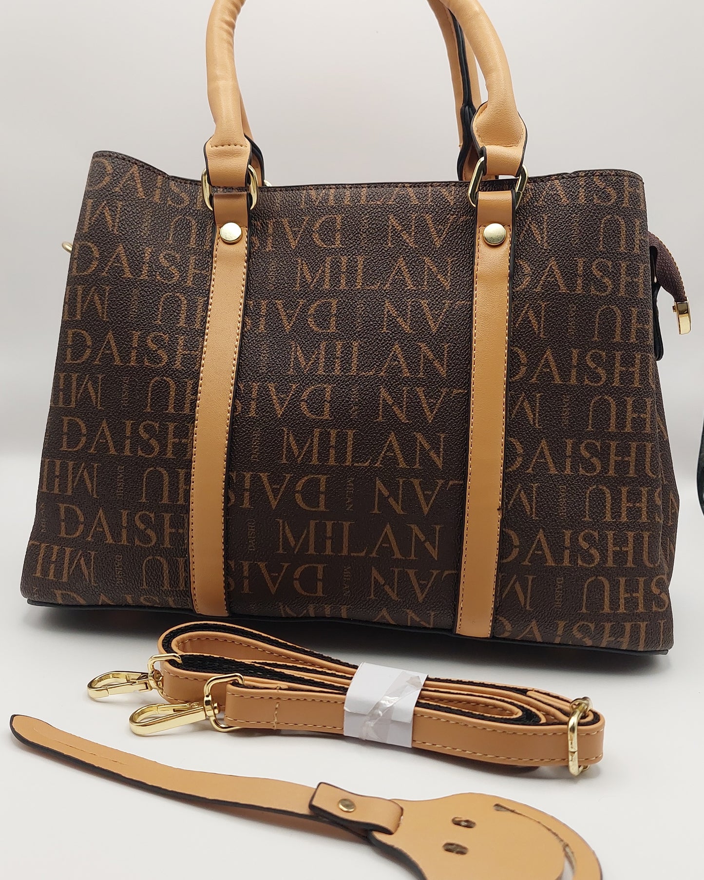 DAISHU MILAN Signature Print Tote Handbag – Coffee Brown with Tan Handles