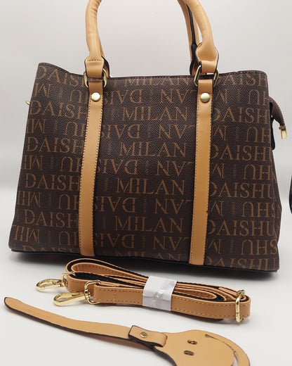 DAISHU MILAN Signature Print Tote Handbag – Coffee Brown with Tan Handles