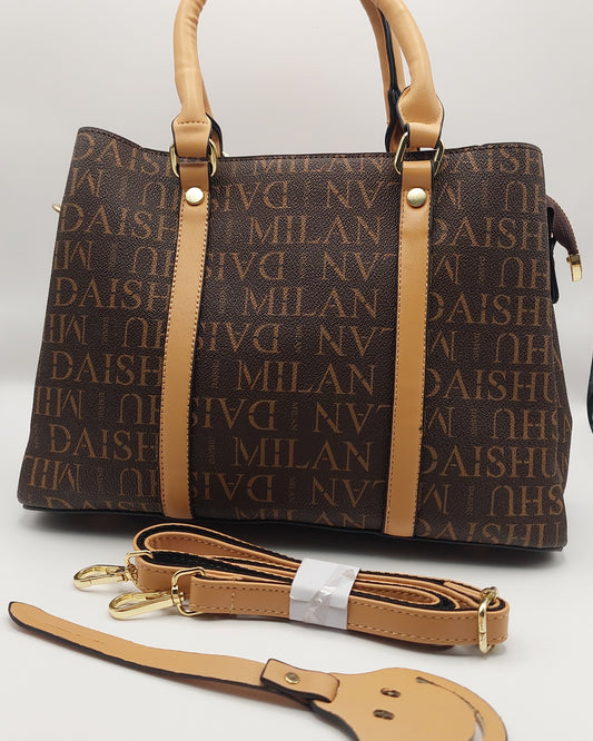 DAISHU MILAN Signature Print Tote Handbag – Coffee Brown with Tan Handles