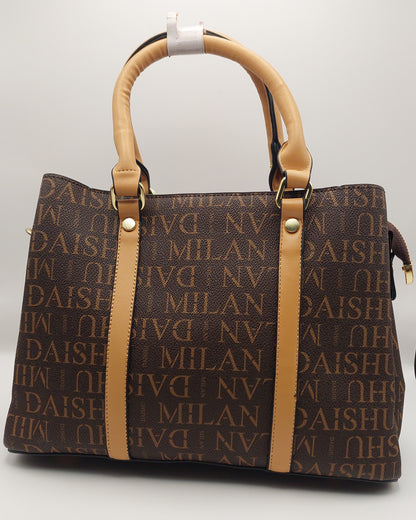 DAISHU MILAN Signature Print Tote Handbag – Coffee Brown with Tan Handles