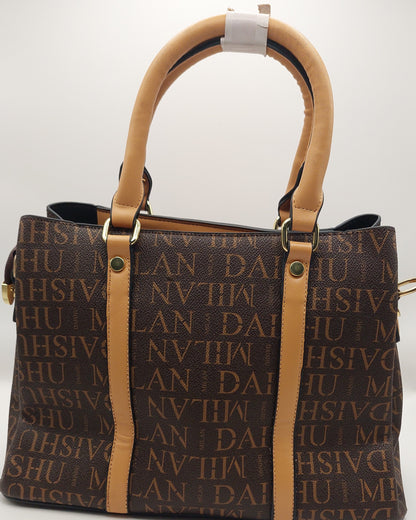 DAISHU MILAN Signature Print Tote Handbag – Coffee Brown with Tan Handles