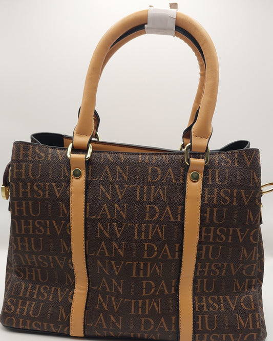 DAISHU MILAN Signature Print Tote Handbag – Coffee Brown with Tan Handles